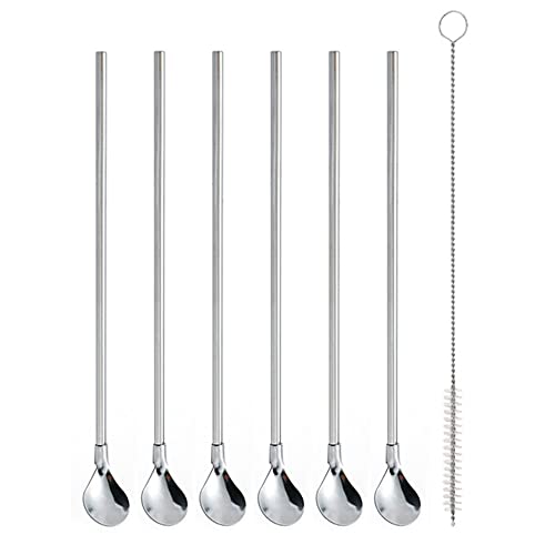 Ercrysto Reusable Stainless Steel Long Handle Straws Spoon, 6 Pieces 8.6", With 1 Cleaning Brush (circular)
