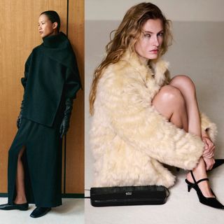 Cos model from fall campaign wearing draped black coat, model sitting on floor wearing fur coat