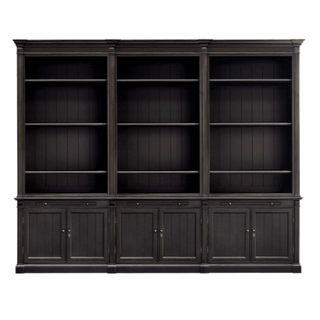 large black built in bookshelves with cabinets