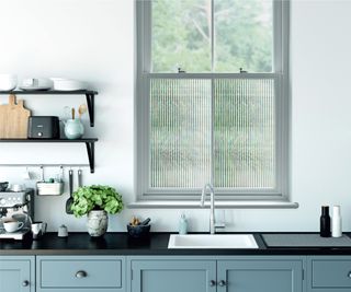 kitchen window painted grey with lower half covered in reeded glass film