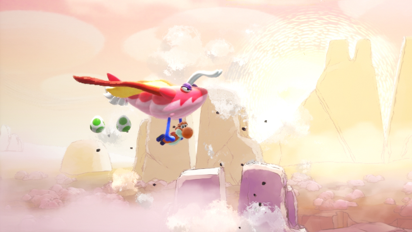 Yoshi riding a creature that looks like a hang glider in Yoshi and the Mysterious Book