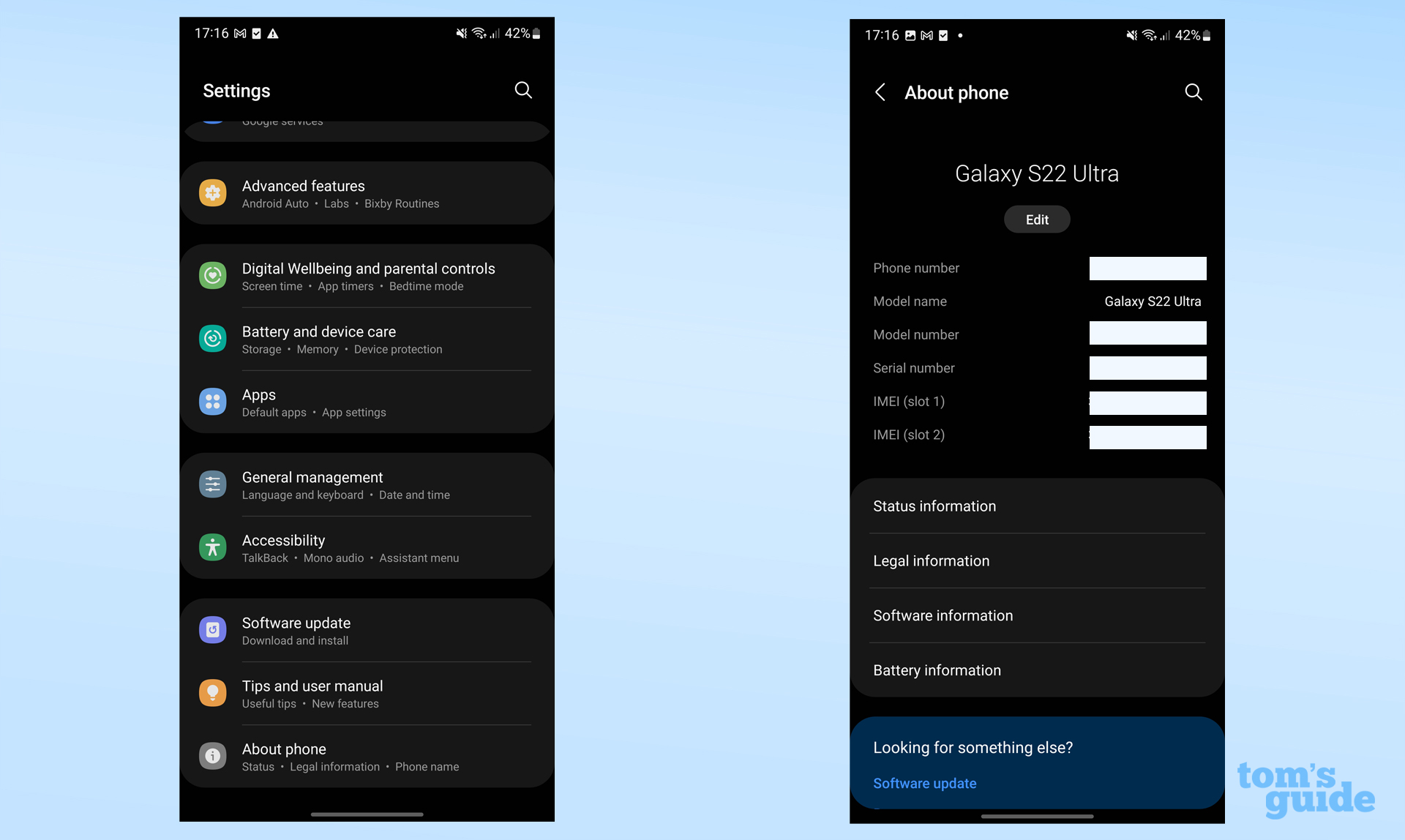 Screenshots from a Samsung Galaxy S22 Ultra, showing where to find the IMEI number in the Settings app