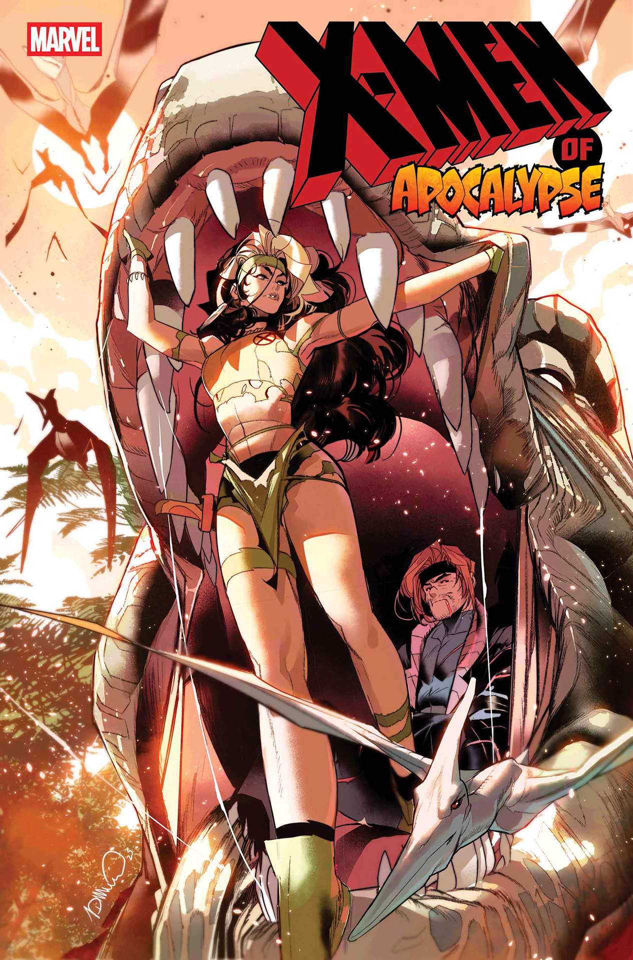 Gambit and Savage Land Rogue posing inside a dinosaur&#039;s mouth on Simone Di Meo&#039;s cover for X-Men of Apocalypse #1