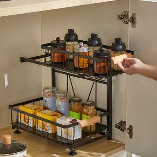 A two tiered cabinet organizer