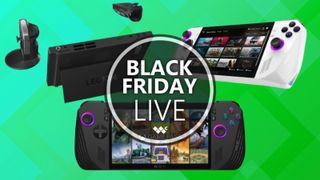 Renders of the ASUS ROG Ally, ASUS ROG Ally X, and Lenovo Legion Go on a green Windows Central background and Windows Central's "Black Friday LIVE" badge in the foreground.