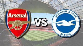 The Arsenal and Brighton & Hove Albion club badges on top of a photo of Emirates Stadium in London, England