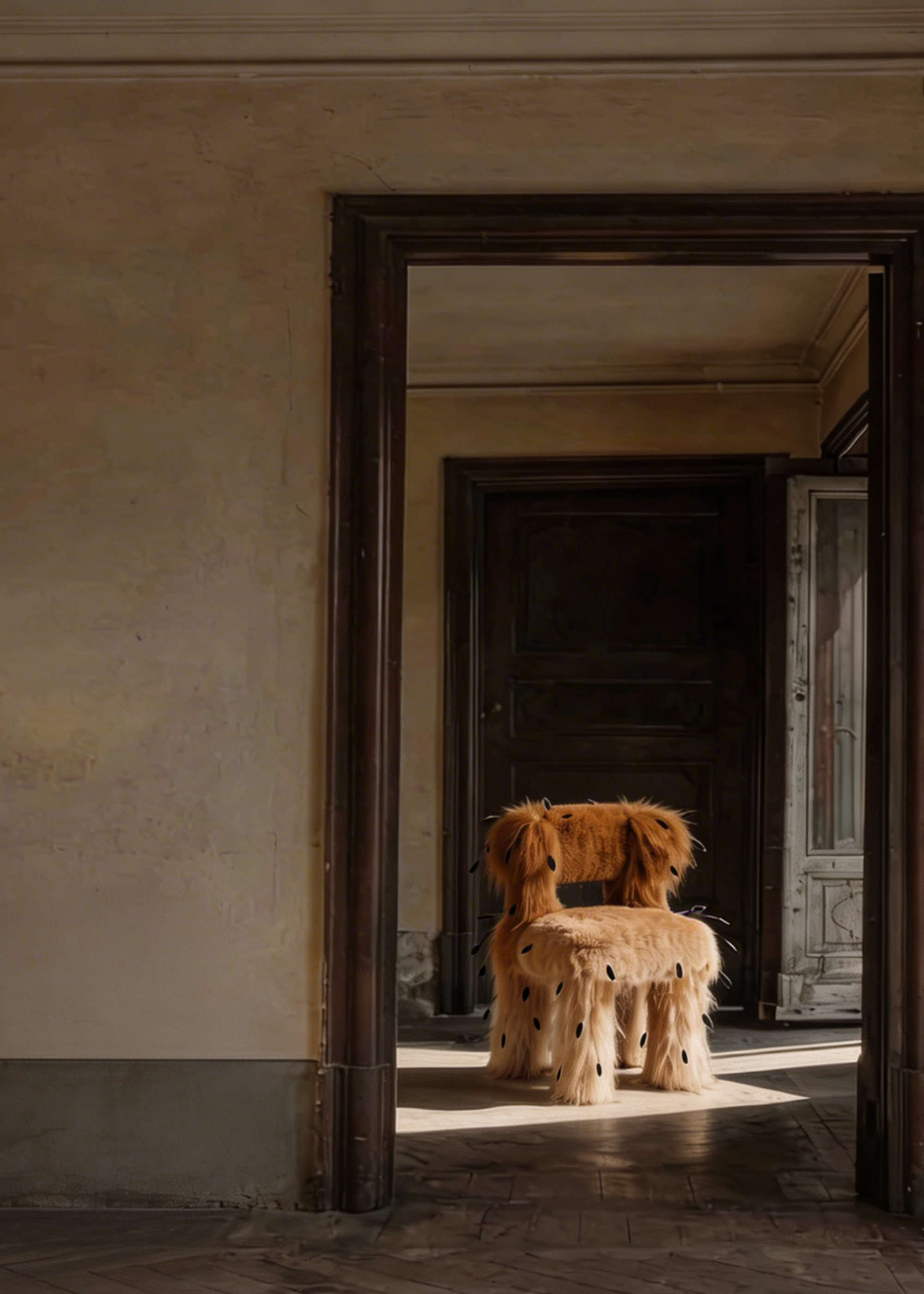 A hairy chair in a sunlit doorway