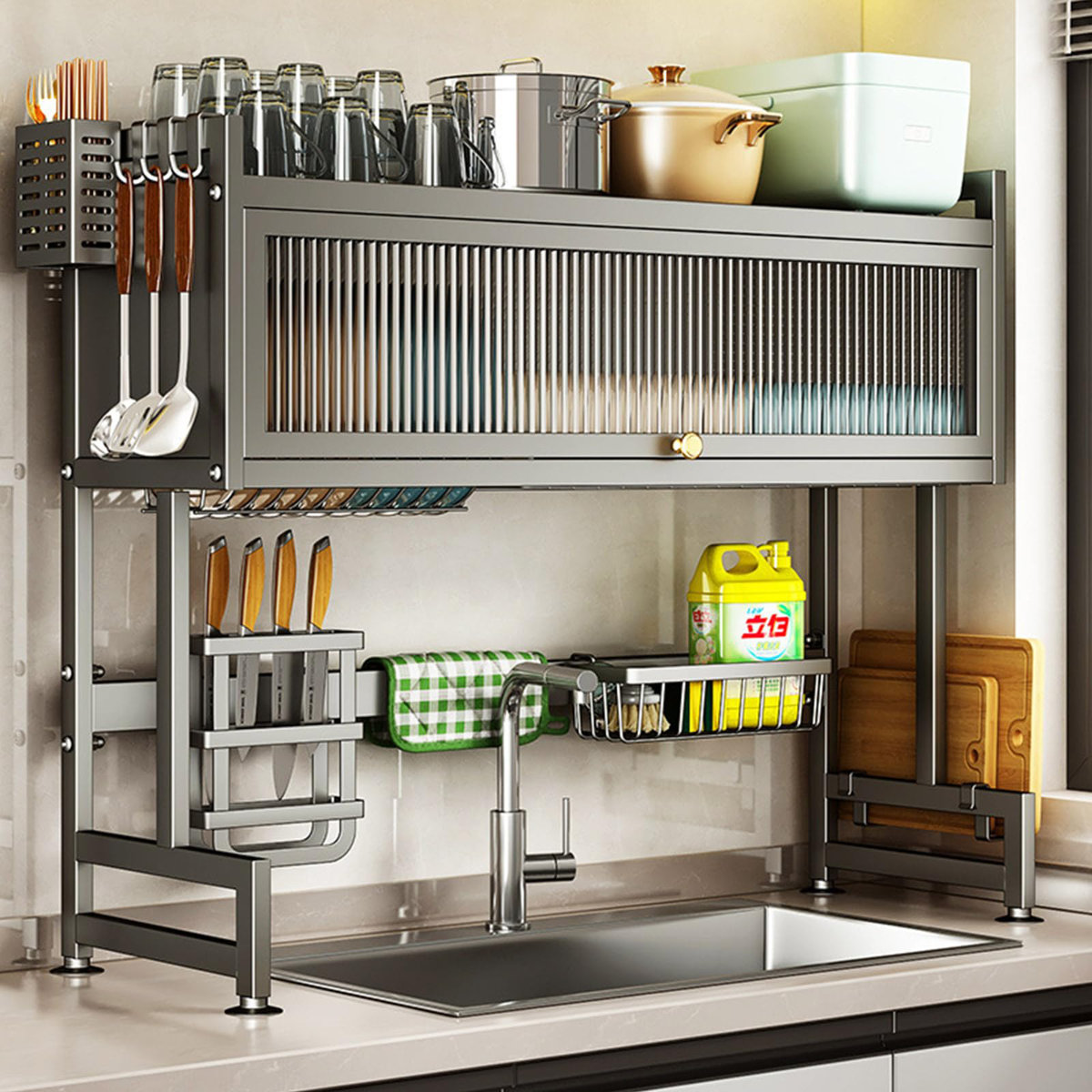 Baokaler Over the Sink Dish Drying Rack, Adjustable 2 Tier Stainless Steel Large Dish Racks for Kitchen Storage Counter Organizer With Cabinet Doors With Utensil Holder &amp;amp; Reviews | Wayfair
