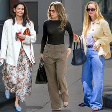 fashion collage of celebrities Katie Holmes, J.Lo, and Jennifer Lawrence in chic spring outfits