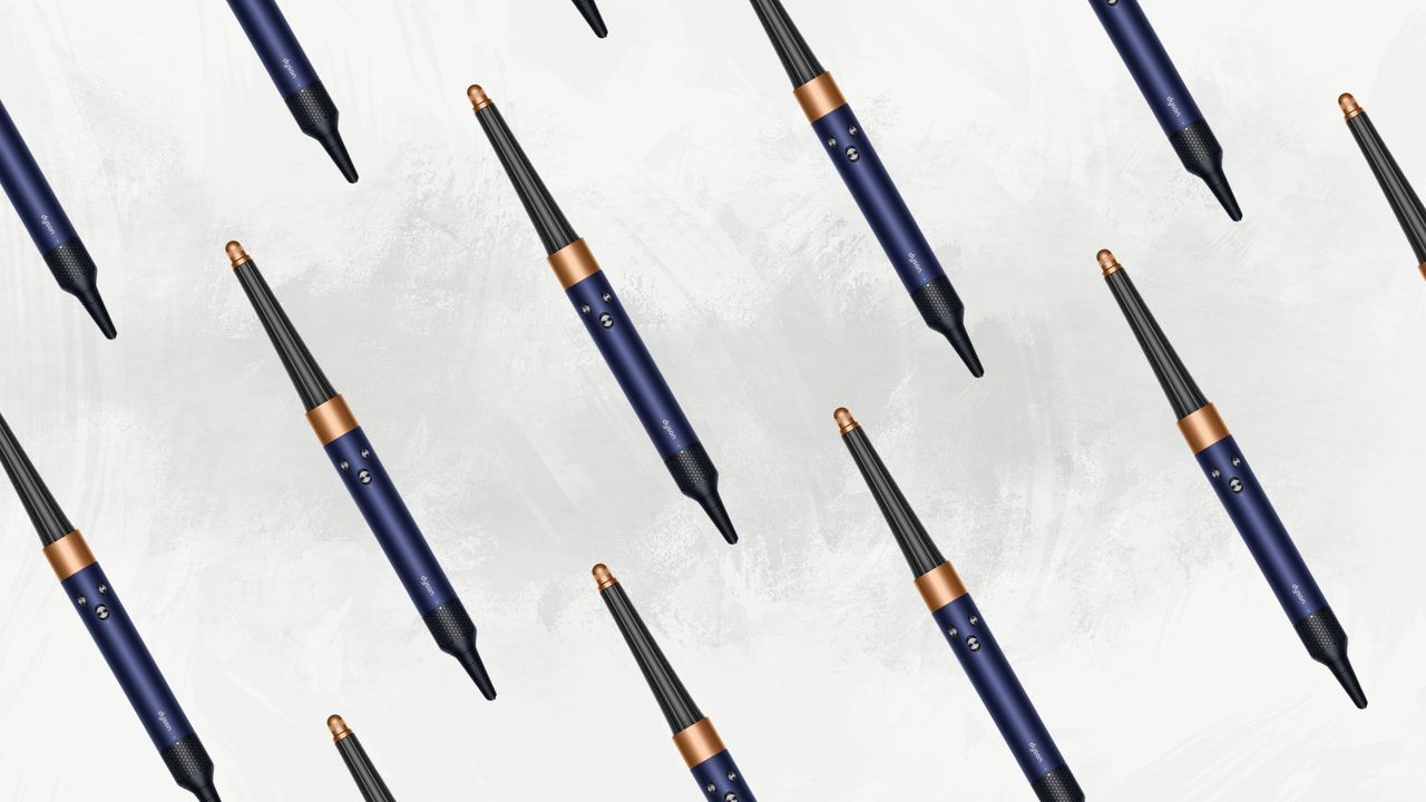 Collage of the vinca blue Dyson Airwrap at a diagonal angle against a grey and off-white painterly background