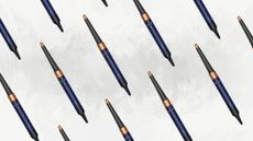 Collage of the vinca blue Dyson Airwrap at a diagonal angle against a grey and off-white painterly background