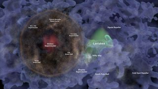 An illustration of the billion light year wide bubble of galaxies named Hoʻoleilana.