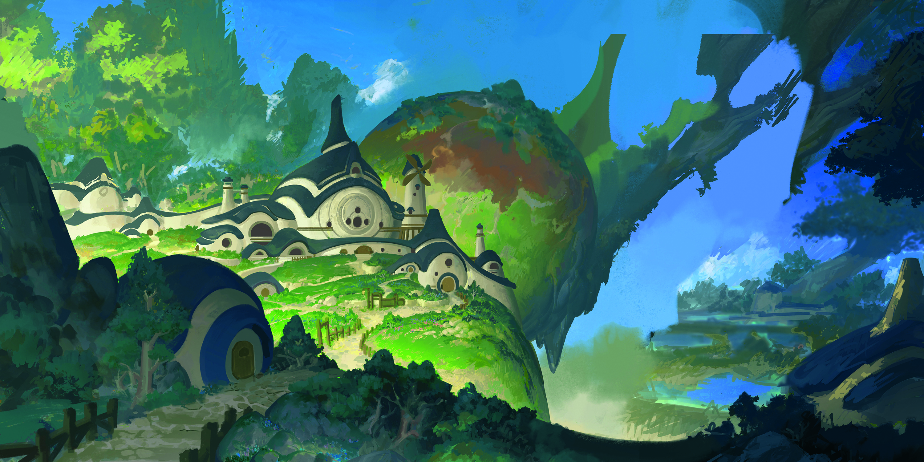 A digital painting of a dwelling in a green landscape from a Photoshop tutorial