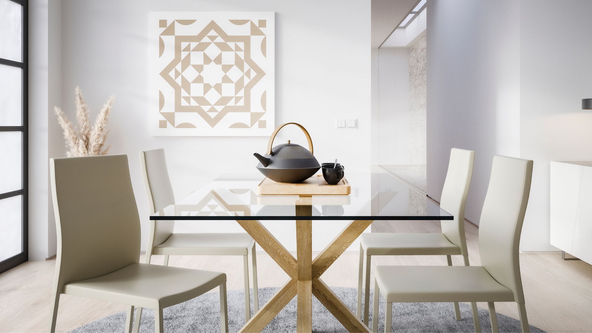 Glass dining table with teapot on top