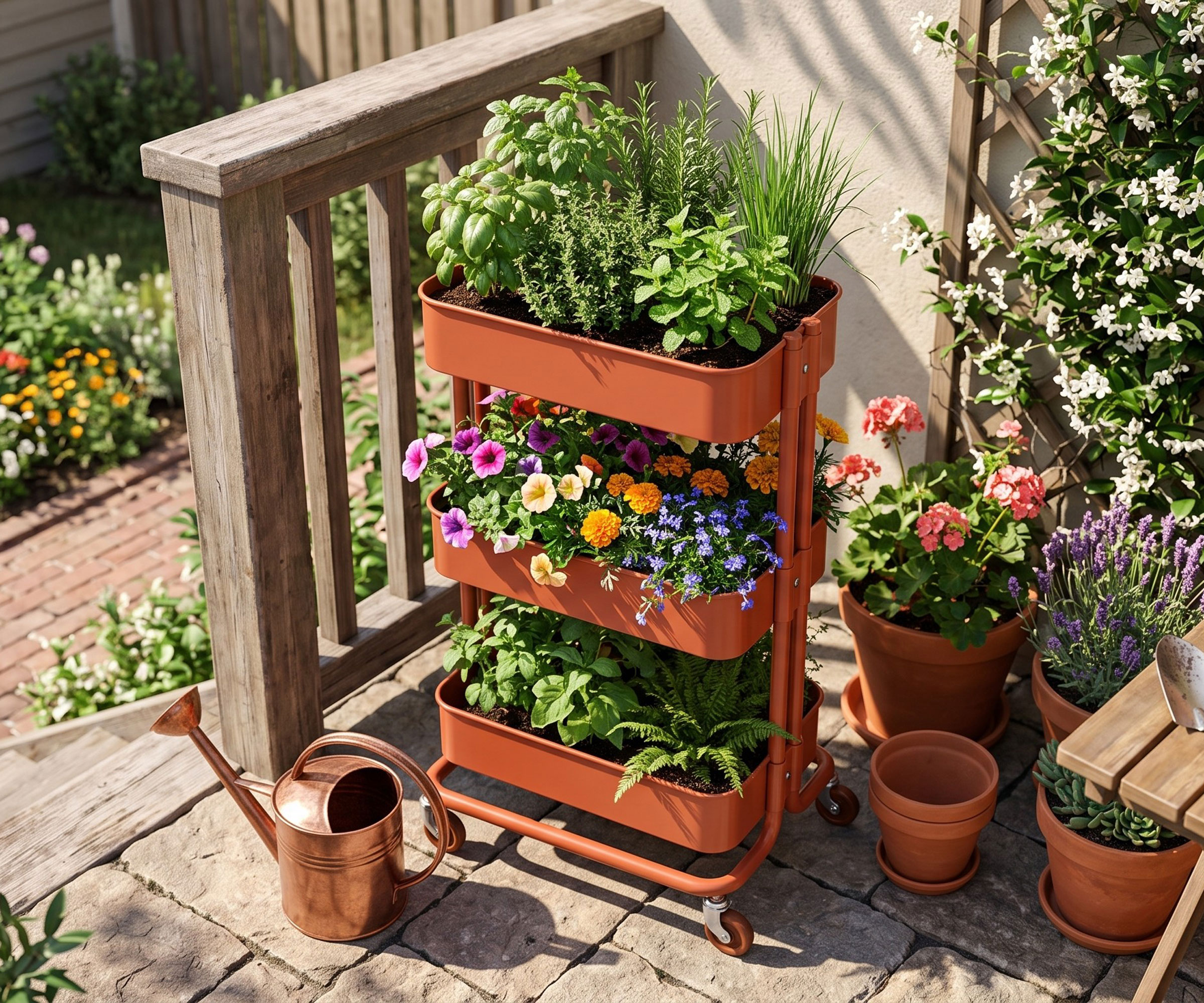 IKEA Raskog trolley filled with plants near watering can on sunny deck of garden