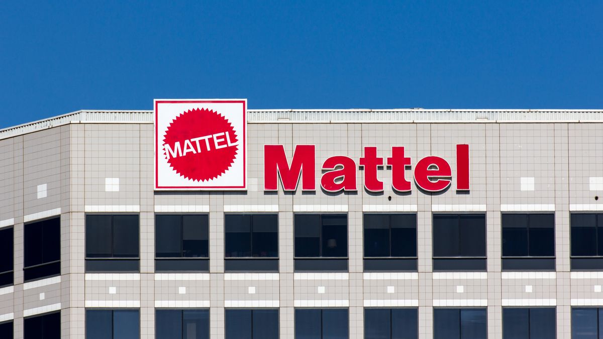 The facade of Mattel&amp;#039;s corporate headquarters building in El Segundo, California, with a clear blue sky in the background