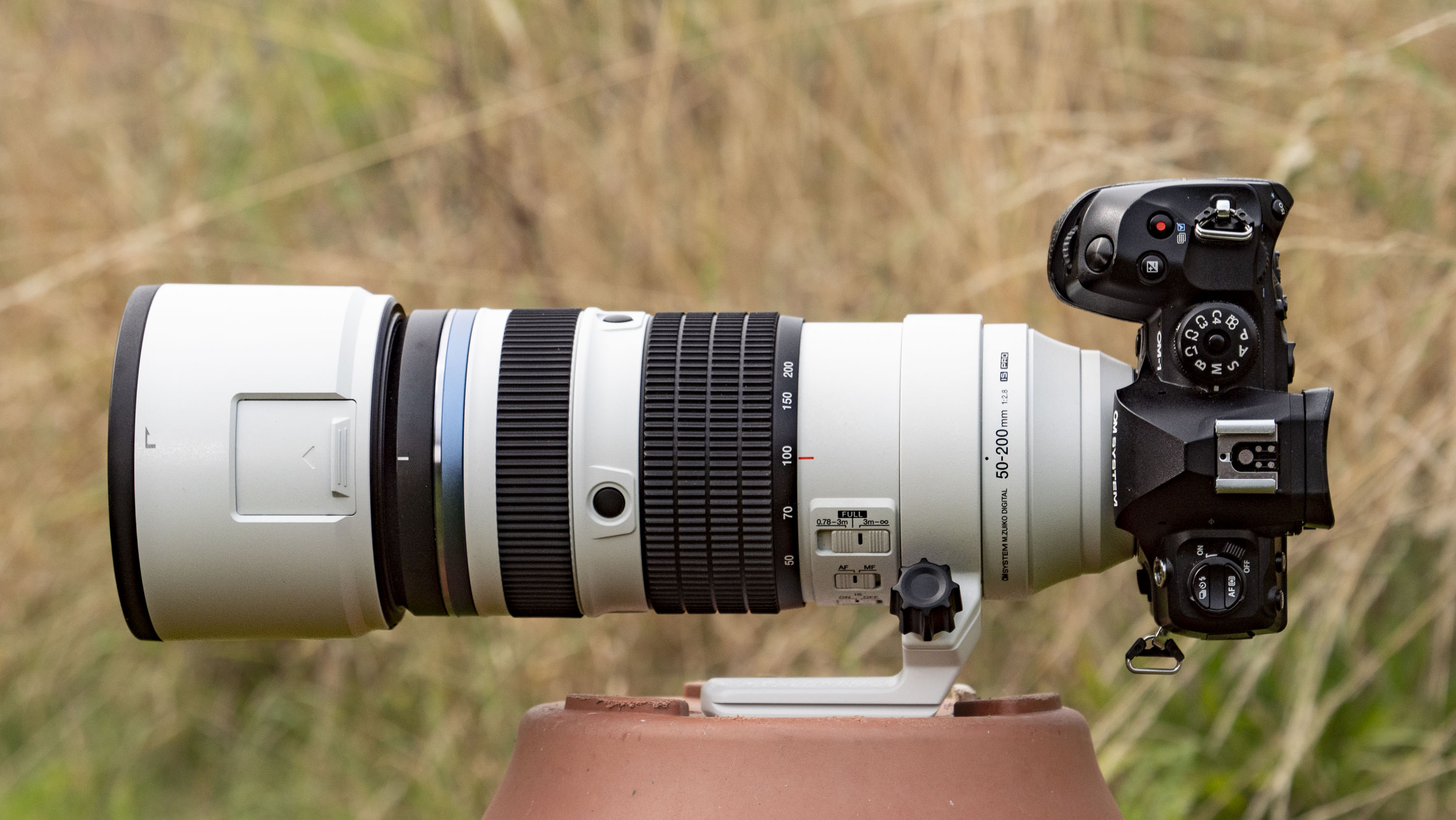 OM System M.Zuiko Digital ED 50-200mm F2.8 IS Pro lens attached to an OM-1 II, outdoors with long grass in the background