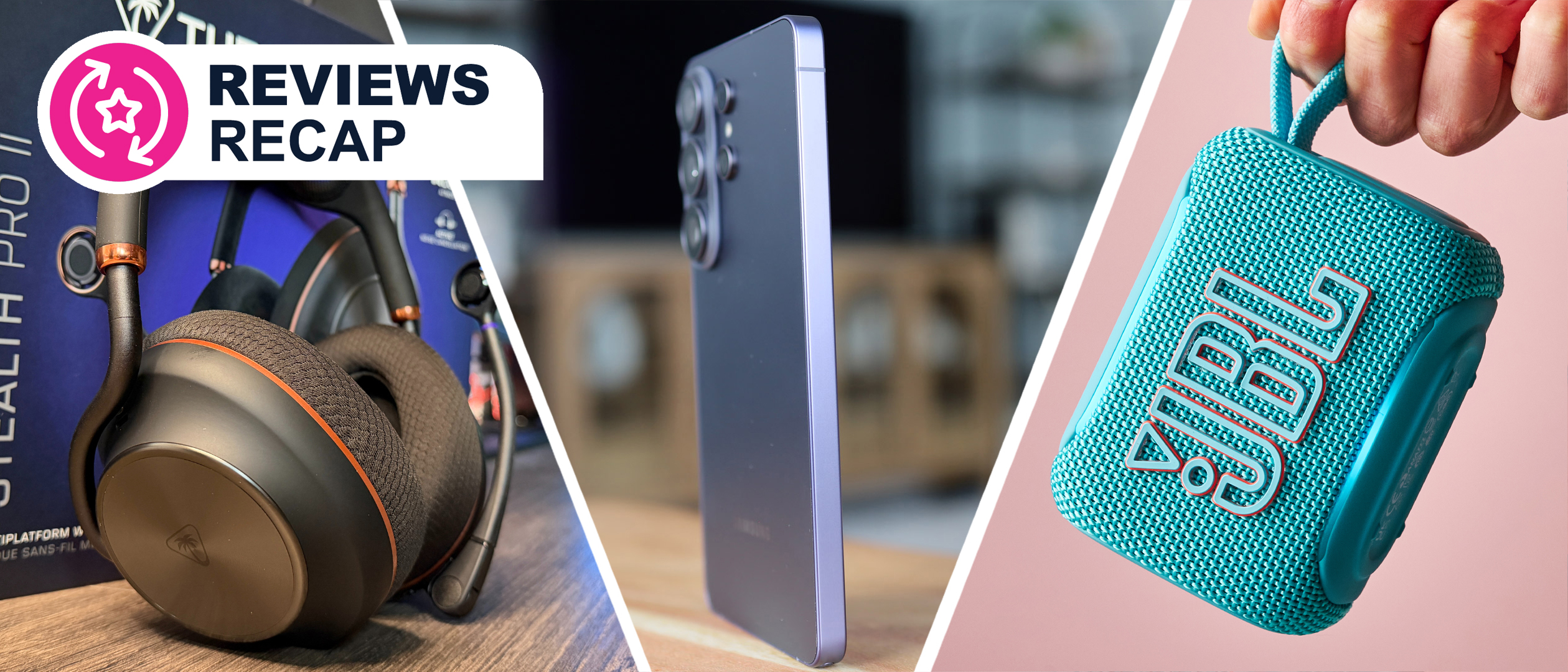 Three different gadgets, in a split image format, with a Reviews Recap logo in the corner