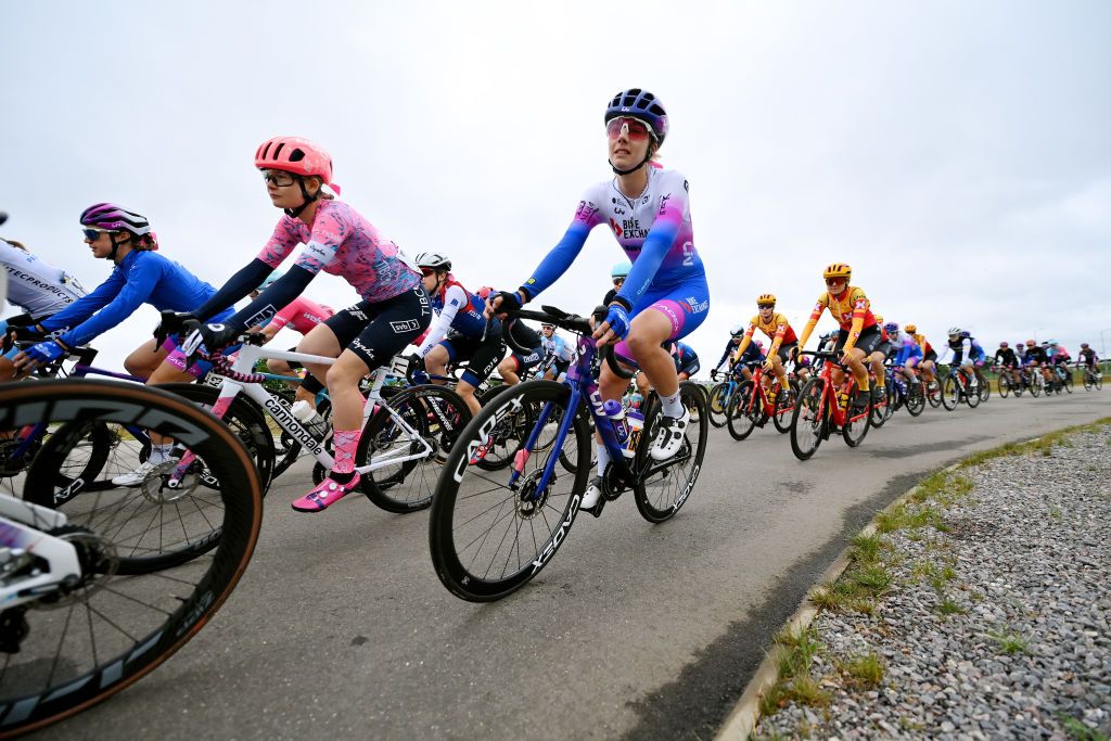 BURY ST EDMUNDS ENGLAND JUNE 06 LR Abi Smith of United States and Team EF Education Tibco Svb and Arianna Fidanza of Italy and Team BikeExchange Jayco compete during the 8th The Womens Tour 2022 Stage 1 stage from Colchester to Bury St Edmunds WomensTour UCIWWT on June 06 2022 in Bury St Edmunds England Photo by Justin SetterfieldGetty Images