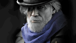 Old man in hat wearing monocle and purple scarf