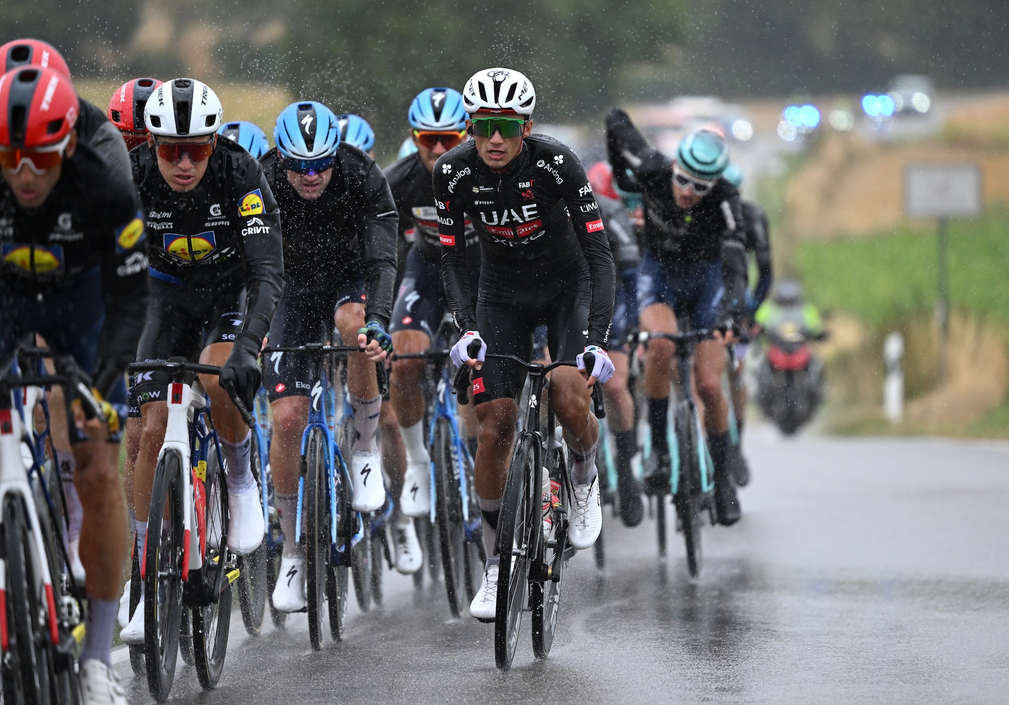 Isaac Del Toro of Mexico and UAE Team Emirates - XRG - competes on soggy stage 2