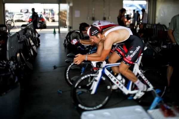 Fly V Australia riders get warmed up before the short and fast time trial.