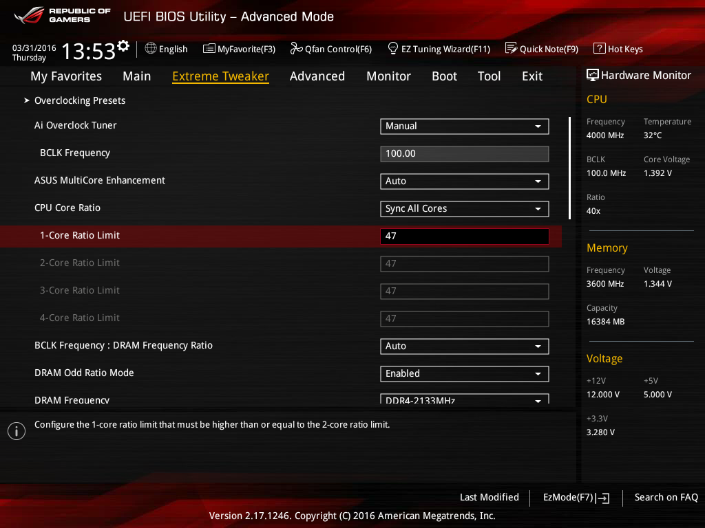 Shot of the overclocking page from the BIOS of an Asus motherboard