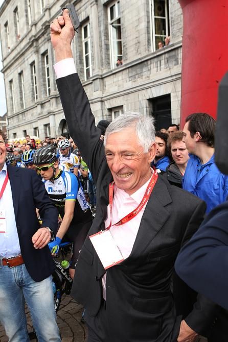 Francesco Moser fires the start pistol for the Amstel Gold Race
