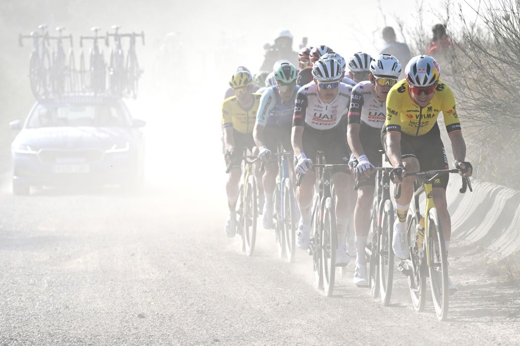 UBEDA SPAIN FEBRUARY 17 Wout Van Aert of Belgium and Team Visma Lease a Bike leads the chase group passing through a gravel strokes sector during the 4th Clasica Jaen Paraiso Interior 2025 a 1692km one day race from Ubeda to Ubeda on February 17 2025 in Ubeda Spain Photo by Tim de WaeleGetty Images