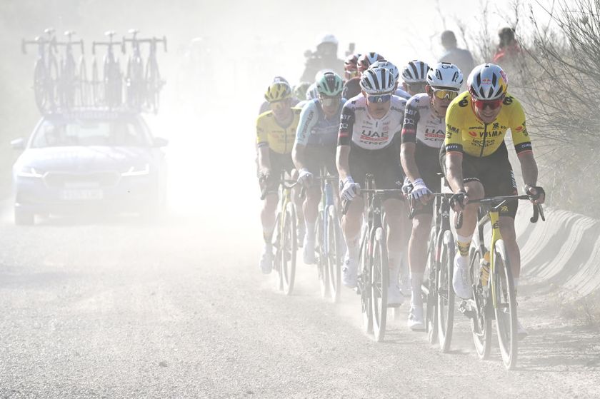 UBEDA SPAIN FEBRUARY 17 Wout Van Aert of Belgium and Team Visma Lease a Bike leads the chase group passing through a gravel strokes sector during the 4th Clasica Jaen Paraiso Interior 2025 a 1692km one day race from Ubeda to Ubeda on February 17 2025 in Ubeda Spain Photo by Tim de WaeleGetty Images