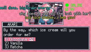 The player chooses between three ice cream flavours, chocolate, matcha, and vanilla, for Akari, while comments from stream viewers float by.