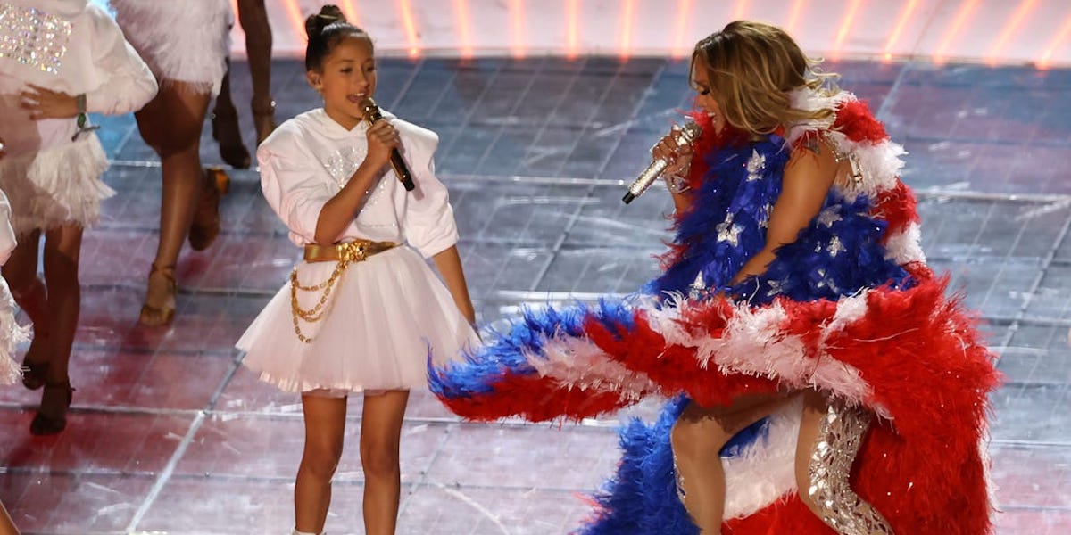 Emme Muniz and Jennifer Lopez at Super Bowl LIV halftime show