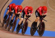 Denmark riding their qualifying round of the team pursuit at the Tokyo 2020 Olympic Games
