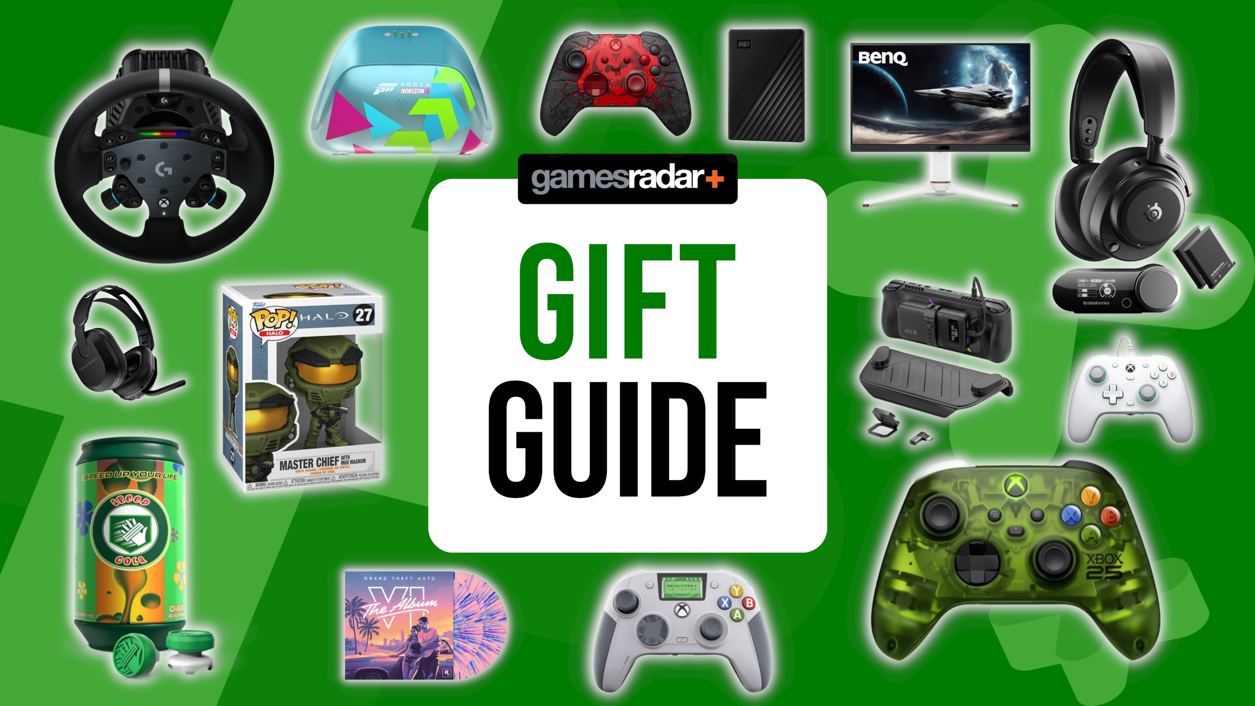 Xbox accessories on a green background with gift guide badge in the middle