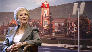 Education Secretary McMahon infront of the Life is Strange Blackwell Academy with A1 on it.