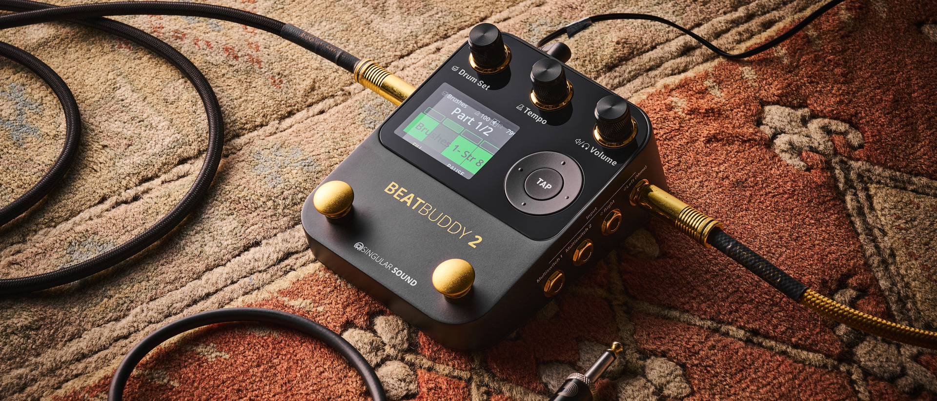 A Singular Sound BeatBuddy 2 guitar pedal on a rug