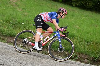 ALPE DHUEZ FRANCE AUGUST 18 Kristen Faulkner of The United States and Team EFOatlyCannondale competes during the 3rd Tour de France Femmes 2024 Stage 8 a 1499km stage from Le GrandBornand to Alpe dHuez 1828m UCIWWT on August 18 2024 in Alpe dHuez France Photo by Dario BelingheriGetty Images