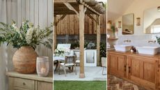 A collection of three spring images - a vase with white spring flowers, a backyard with a pagoda covering an outdoor kitchen and seatign area, and a wooden bathroom vanity with two white sinks and mirrors 