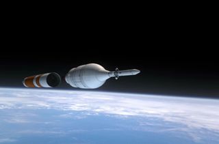 The Orion spacecraft separates from its booster in this NASA animation still for the Exploration Test Flight 1, a 2014 fligth demonstration to test Orion systems and re-entry capabilities for future deep space flights.
