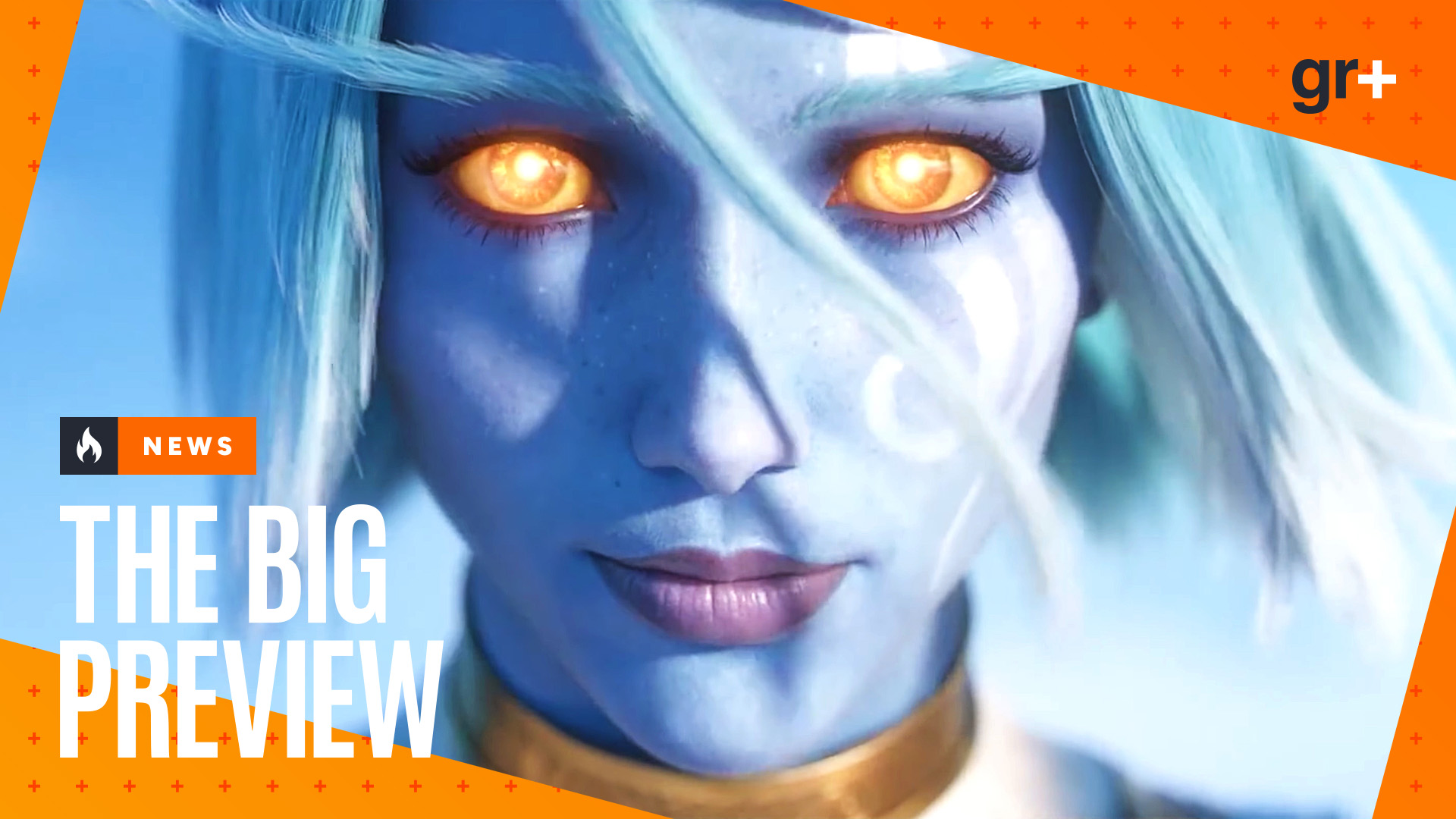 A close-up of a Skyborne with glowing yellow eyes in a World of Warcraft: Forever cinematic, with the GamesRadar+ Big Preview frame