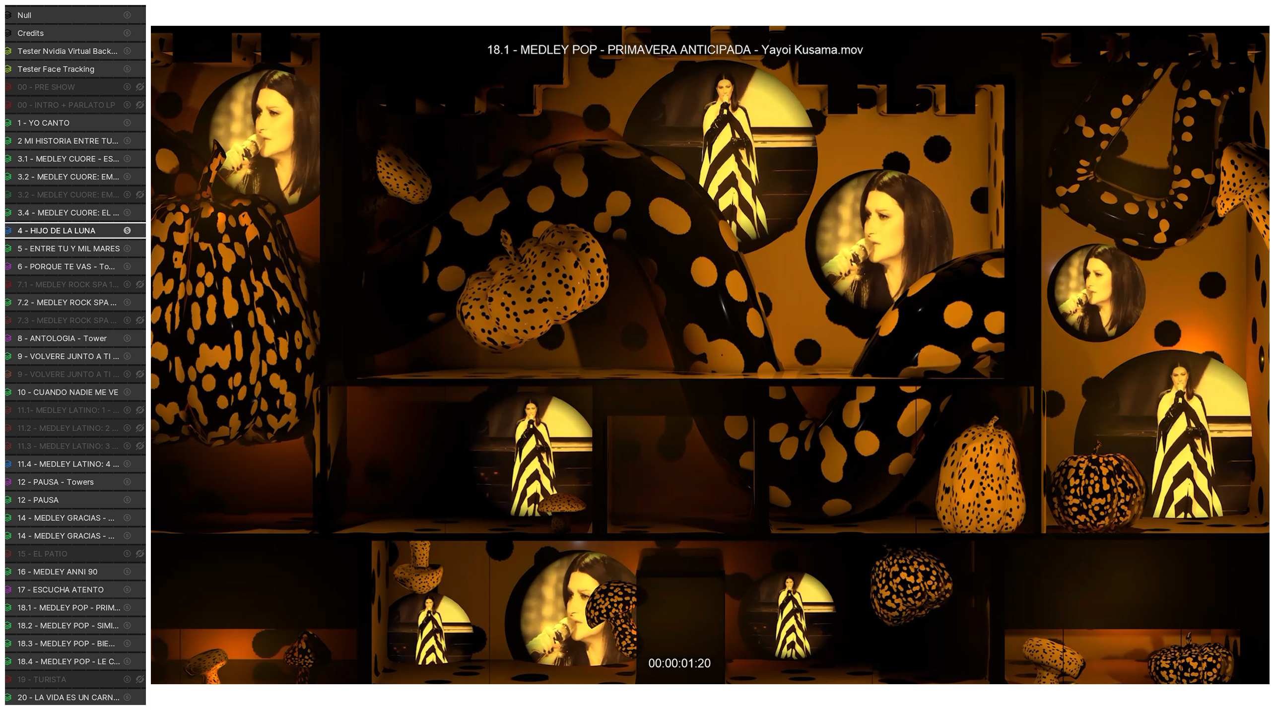 Image showing a software interface previewing stage visuals with yellow polka-dot objects and circular video feeds of a singer.