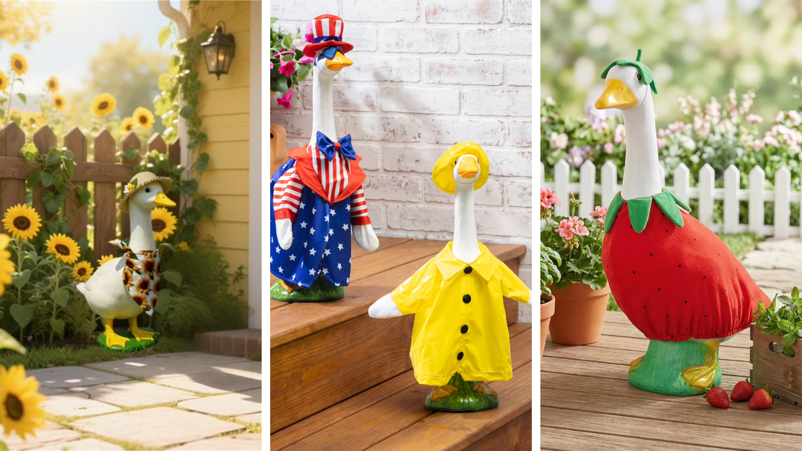 porch geese dressed in different outfits