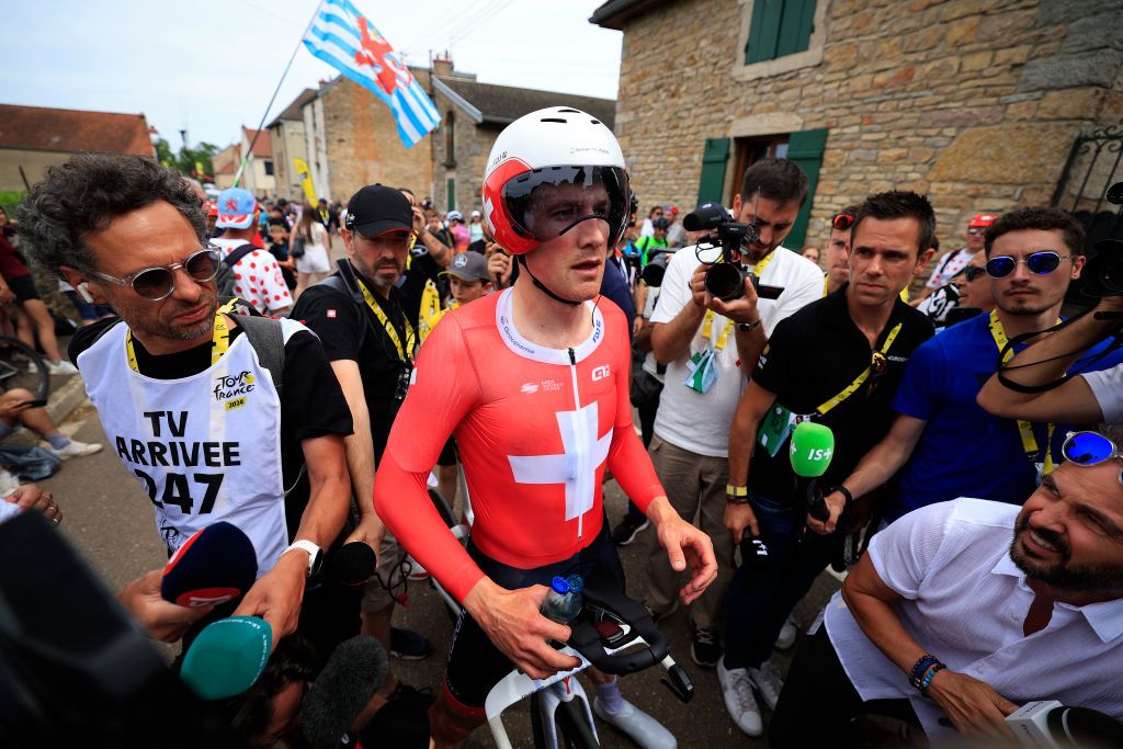 GEVREYCHAMBERTIN FRANCE JULY 05 Stefan Kung of Switzerland and Team Groupama FDJ reacts after the 111th Tour de France 2024 Stage 7 a 253km individual time trial stage from NuitsSaintGeorges to GevreyChambertin UCIWT on July 05 2024 in GevreyChambertin France Photo by Guillaume Horcajuelo PoolGetty Images