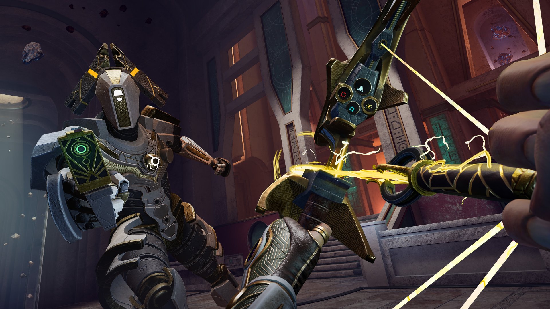 Reach screenshot showing a bow and arrow drawn and aimed at a robotic figure. The arrow crackles with lightning