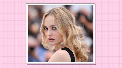 Lily-Rose Depp wears a black dress as she attends "The Idol" photocall at the 76th annual Cannes film festival at Palais des Festivals on May 23, 2023 in Cannes, France/ in a pink template
