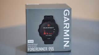 Garmin Forerunner 955 Solar triathlon watch on a desk