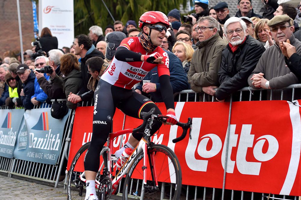 Kris Boeckmans crosses the line to win Nokere Koerse.