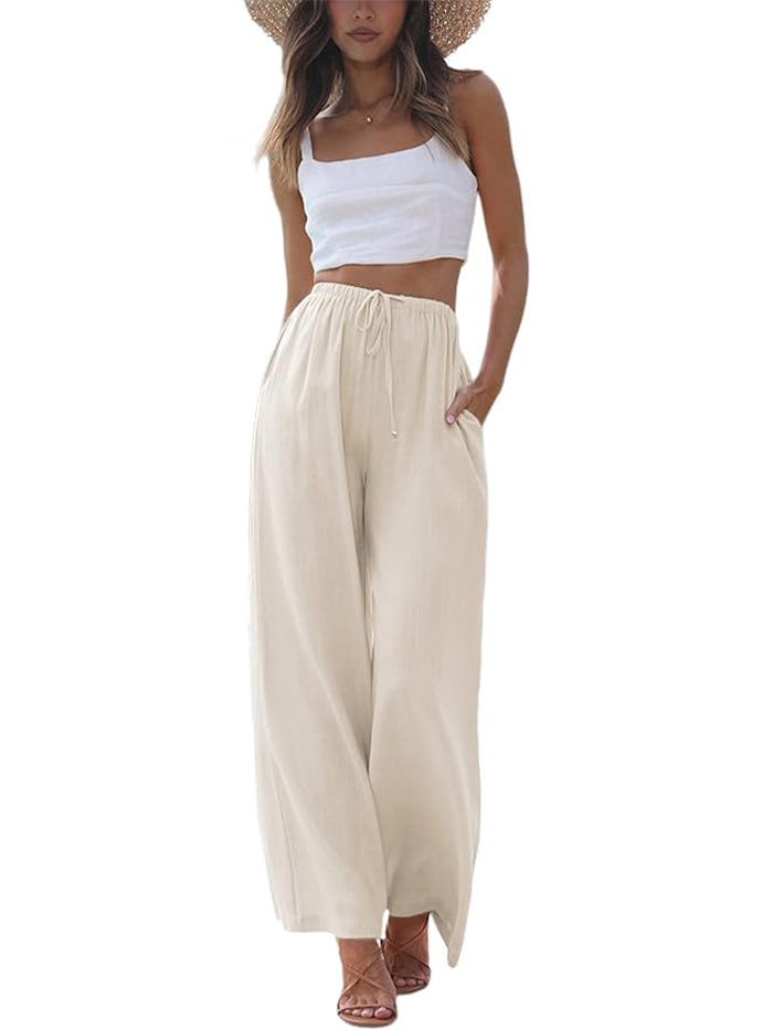Faleave, Faleave Women's Cotton Linen Summer Palazzo Pants Flowy Wide Leg Beach Trousers With Pockets(apricot-L)