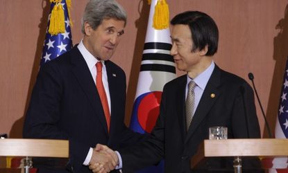 Secretary of State John Kerry shakes hands with South Korean Foreign minister Yun Byung-Se on April 12.