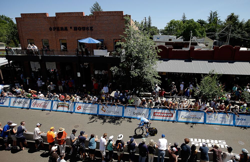 A Garmin rider makes his way through Folsom during the stage 3 time trial of the 2014 Tour of California.